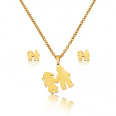 Gold Stainless Steel Cute Girl & Boy Doll Pendant Necklace Earrings Sets - JS086