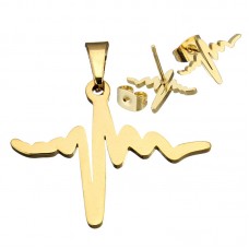 Stainless Steel Heartbeat Rhythm Pendant Necklace Earrings Sets Gold Tone - JS089