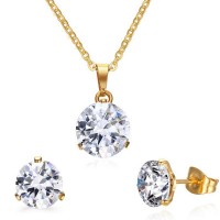  Stainless Steel Necklace Pendant Earring Gold Women Jewelry Set - JS096