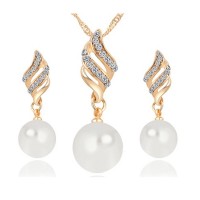 Pearl Jewelry Silver Gold Plated Crystal Necklace Earrings Elegant Wedding Jewelry Set for Women - JS102