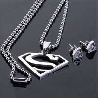 Women's Stainless Steel Men Superman Logo Super Hero Charm Pendant Necklace Stud Earrings Gift - JS103