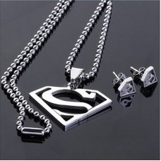 Women's Stainless Steel Men Superman Logo Super Hero Charm Pendant Necklace Stud Earrings Gift - JS103