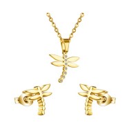 Dragonfly Pendant Necklace and Stud Earrings Jewelry Sets 18k Gold Plated 316 Stainless Steel - JS109