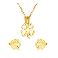 Luck Four Leaf Clover Pendant Necklace and Stud Earrings Jewelry Set 18k Gold and Silver Plated Stainless Steel 45cm Chain - JS110
