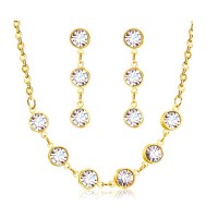 Round Shiny Clear Crystals Jewelry Set Stainless Steel Statement Necklace and Dangle Earrings - JS114