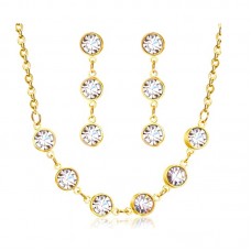 Round Shiny Clear Crystals Jewelry Set Stainless Steel Statement Necklace and Dangle Earrings - JS114
