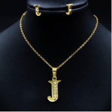 J letter jewelry sets stainless steel real bling crystal necklace and stud earrings - JS115