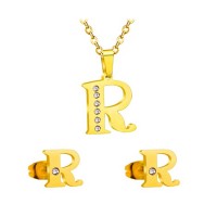 Letter R Charms Necklace Stainless Steel Alphabet Initial English Letters Pendant Necklace and Earrings Jewelry Set - JS129
