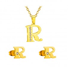 Letter R Charms Necklace Stainless Steel Alphabet Initial English Letters Pendant Necklace and Earrings Jewelry Set - JS129