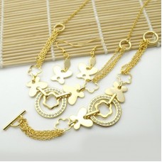 Women Flower Round Silver Gold Rhinestone Stainless Steel Necklace Earrings Bracelets Set - JS133