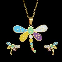 Kids Jewelry Stainless Steel Cartoon Dragonfly Necklace and Earring Set Punk Star Animal Gold Jewelry Sets - JS134
