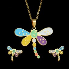 Kids Jewelry Stainless Steel Cartoon Dragonfly Necklace and Earring Set Punk Star Animal Gold Jewelry Sets - JS134