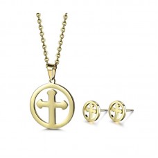 Women Stainless Steel Round Stud Earrings Pendants Necklace Set Women Cross Shaped Jewelry Sets Fashion Accessories - JS137