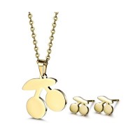 Women Fashion Accessories Cherry Jewelry Stainless Steel Pendant Necklace and Earrings Sets - JS146
