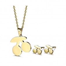 Women Fashion Accessories Cherry Jewelry Stainless Steel Pendant Necklace and Earrings Sets - JS146