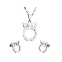 Cute Owl Pendant Necklace and Earrings Stainless Steel Jewelry Set Gold Silver Color - JS156