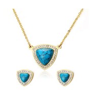 Necklace Earrings Set Blue Turquoise Pendant Earrings Danglers Stainless Steel Jewelry Set - JS158
