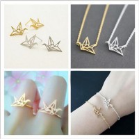 Origami Paper Crane Necklace Bracelet Earring Ring Stainless Steel Jewelry Sets for Women - JS179