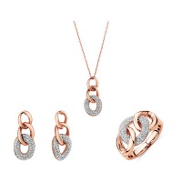 Link Pendant Earrings Ring With Diamonds Rose Gold Plated Stainless Steel Jewelry Set - JS327