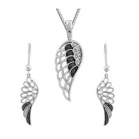 Silver Black Diamond  Angle Wing Pendant & Drop Earring Stainless Steel Jewelry Set - JS328