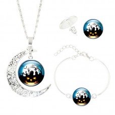 Halloween Women Jewelry Set Wicked Witch Glass Cabochon Silver Crescent Moon Pendant Necklace Earrings Bracelet Sets - JS354