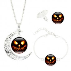 Halloween Women Jewelry Set Wicked Witch Glass Cabochon Silver Crescent Moon Pendant Necklace Earrings Bracelet Sets - JS357