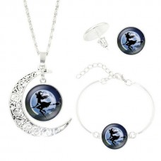Halloween Women Jewelry Set Wicked Witch Glass Cabochon Silver Crescent Moon Pendant Necklace Earrings Bracelet Sets - JS362