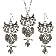 Fashion Women Girl Halloween Jewelry Set Vintage Silver 3 Style Owl Drop Earring 18"Short Necklace - JS369