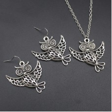 Fashion Women Girl Halloween Jewelry Set Vintage Silver 3 Style Owl Drop Earring 18"Short Necklace - JS371