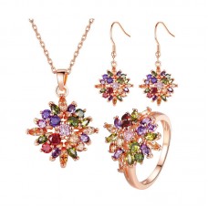 Women Jewelry Set Rose-Gold Plated Pink Flower CZ Necklace Earrings Ring Set - JS424
