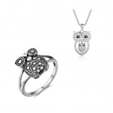Christmas Gift Stainless Steel Owl Rings & Necklace Sets - JS426