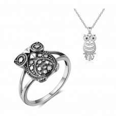 Christmas Gift Stainless Steel Owl Rings & Necklace Sets - JS427