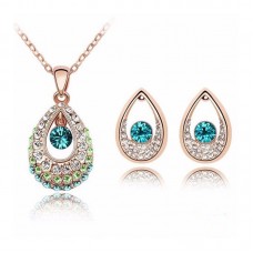 Xmas Fashion Lady Jewelry Set Crystal Pendant Green Emerald Necklace Earrings - JS431
