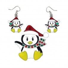 Christmas Santa Hat Muffler Penguin Brooch Pin Dangle Earrings Holiday Gift Set - JS432