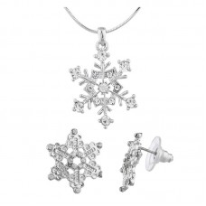  Silver Tone Christmas Holiday Snowflake Earring Necklace Set - JS433
