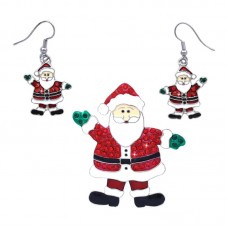 Christmas Santa Clause Dangle Charm Earrings Brooch Set Holiday Gift - JS442