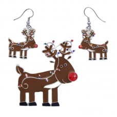 Red Nosed Reindeer Earrings Brooch Set Christmas Holiday December Birthday Gift - JS443