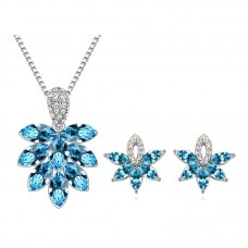Xmas Rhinestone Jewelry Set Aquamarine Crystal Pendant Necklace Earrings - JS447