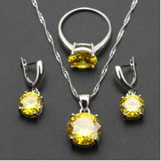 Stainless Steel Hot Sale Stamp Thanksgiving Present Yellow White CZ Jewelry Set For Women Necklace Earring Ring- JS347
