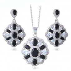 Stainless Steel Black Friday Black & White Silver Stamped Super Supplier Black Onyx Fashion Jewelry Sets Earrings Necklace - JS348