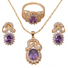 Stainless Steel Delicate Black friday Gold Tone Earring Necklace Ring Jewelry Set zircon Austrian Purple Crystal Ring - JS349