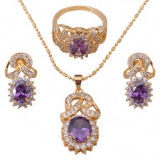 Stainless Steel Delicate Black friday Gold Tone Earring Necklace Ring Jewelry Set zircon Austrian Purple Crystal Ring - JS349
