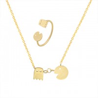 Dainty Pac Man Chain Necklace Minimalist Stainless Steel Jewelry Set For Women Halloween Gift Fashion Gold Ring - JS367