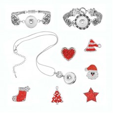 Christmas Snap Button Jewelry Set Bracelets Necklace with Stocking Tree Stars Heart Charms - JS372