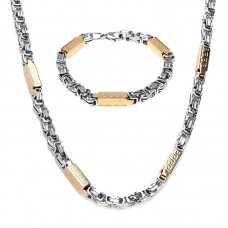 Men's Stainless Steel Bracelet Necklace Link Byzantine Chain Set Two-tone - JS459
