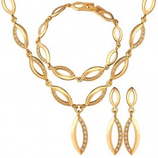 CZ Gold Plated Willow Leaf Chain Necklace Bracelet Earrings Set - JS468
