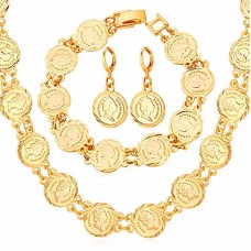 Fashion British Queen Head Coin Beaded  Gold Plated Link Chain Necklace Bracelet & Earrings Set - JS470