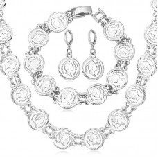 Fashion British Queen Head Coin Beaded Silver Link Chain Necklace Bracelet & Earrings Set - JS471