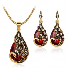 Stainless steel red crystal gold peacock unique jewelry sets - JS487