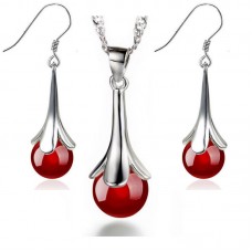 Stainless steel red jewelry sets necklace and drop earrings - JS492